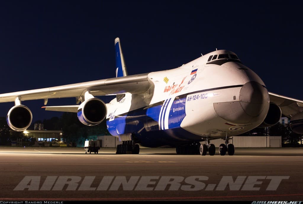 Polet Airlines An-124 on the ramp at night
